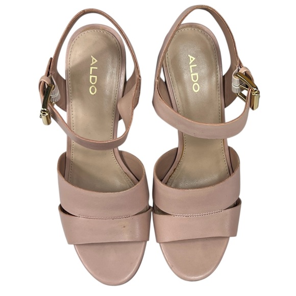 ALDO Caparosa Bone Leather Blush Pink Ankle Strap Block Heel Sandals Open Toe - Picture 1 of 13